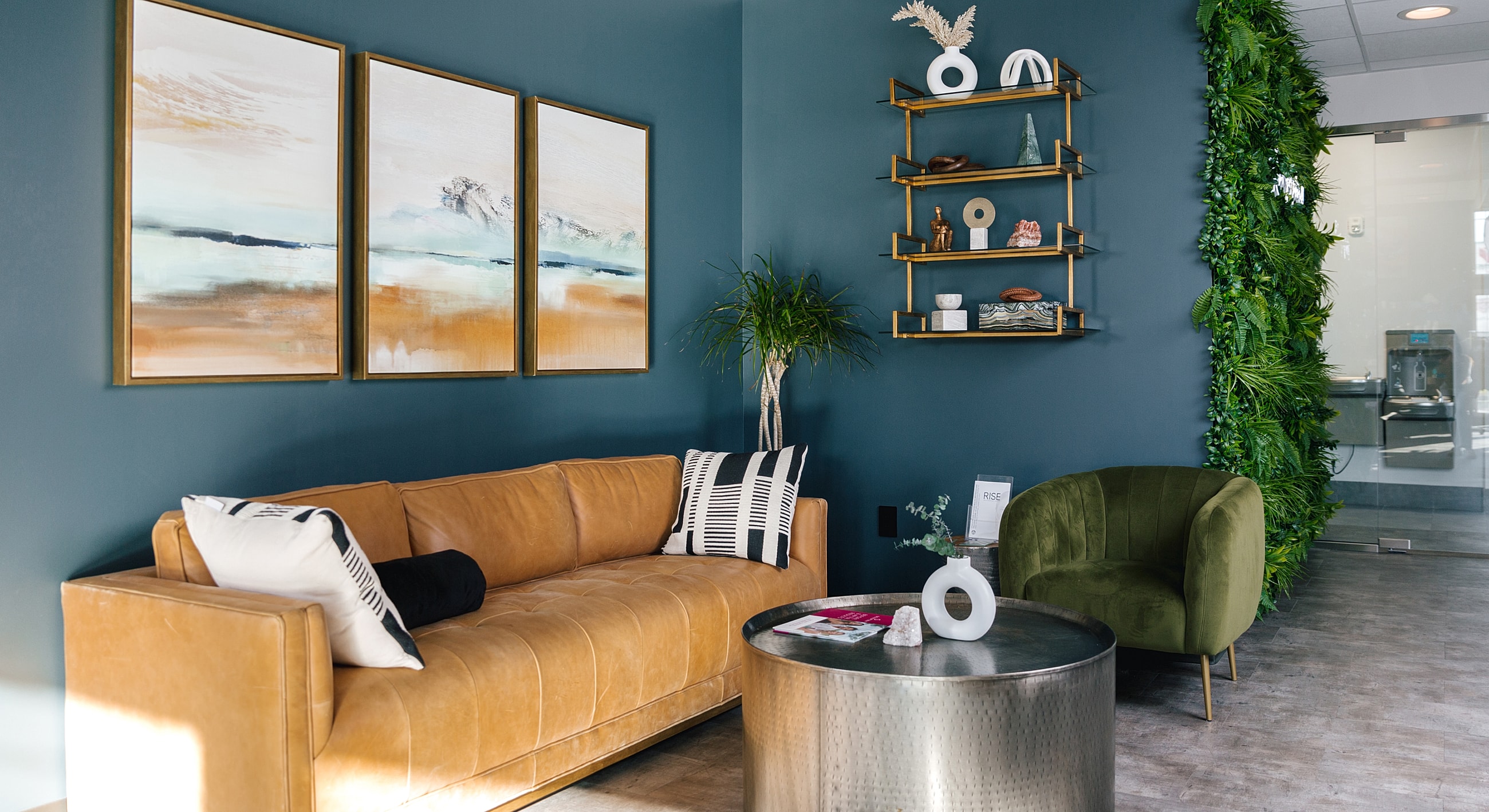 Stylish modern living room with green accents